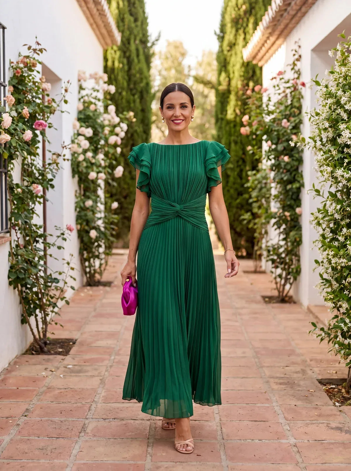 Women’s Elegant Pleated Maxi Wedding Guest Dress with Ruffle Sleeves