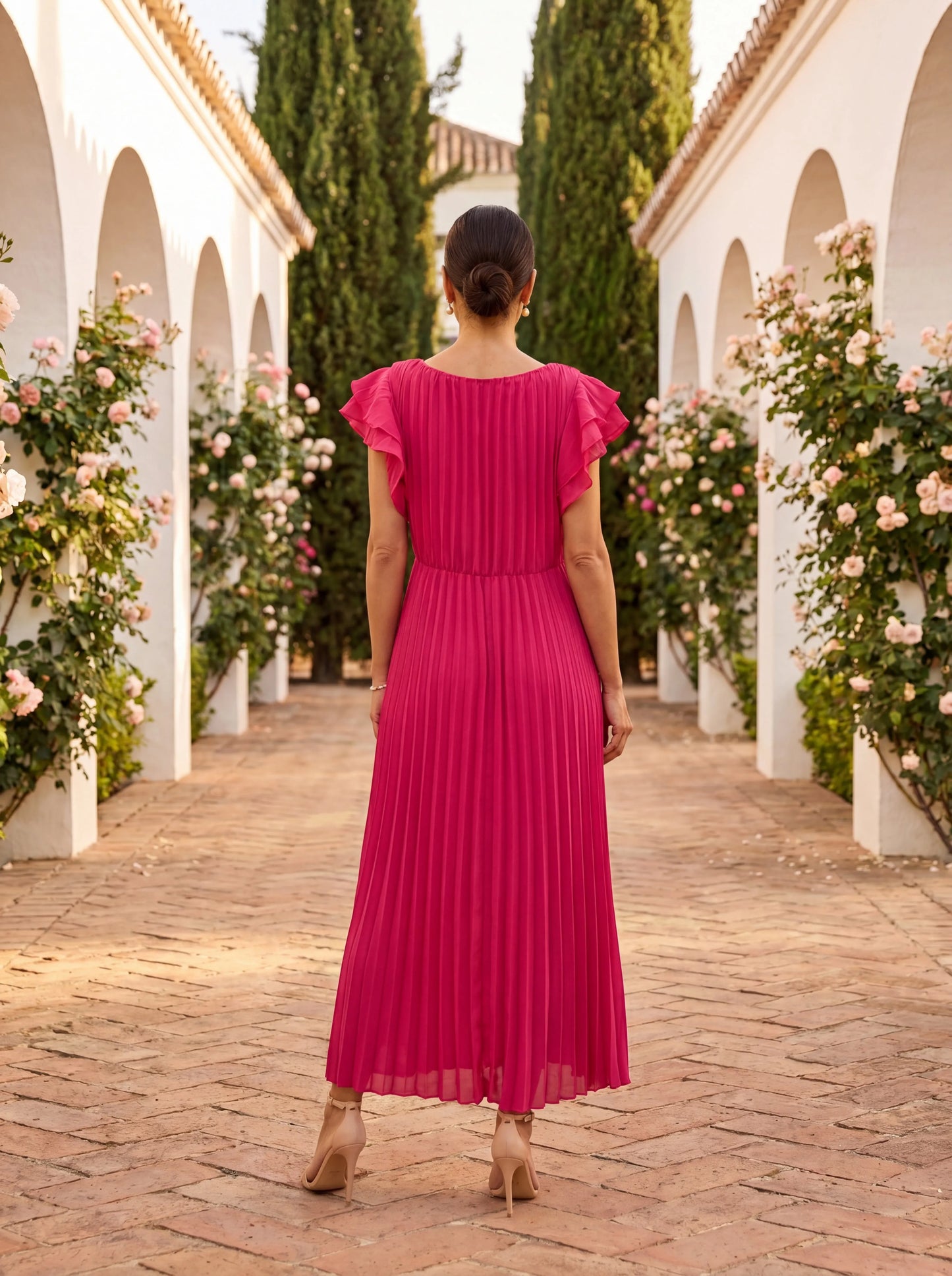 Women’s Elegant Pleated Maxi Wedding Guest Dress with Ruffle Sleeves