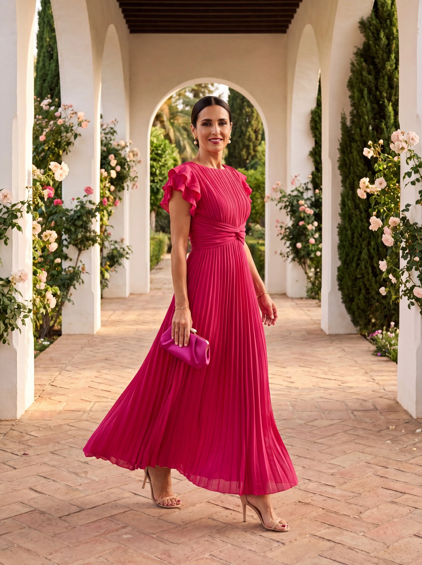 Women’s Elegant Pleated Maxi Wedding Guest Dress with Ruffle Sleeves
