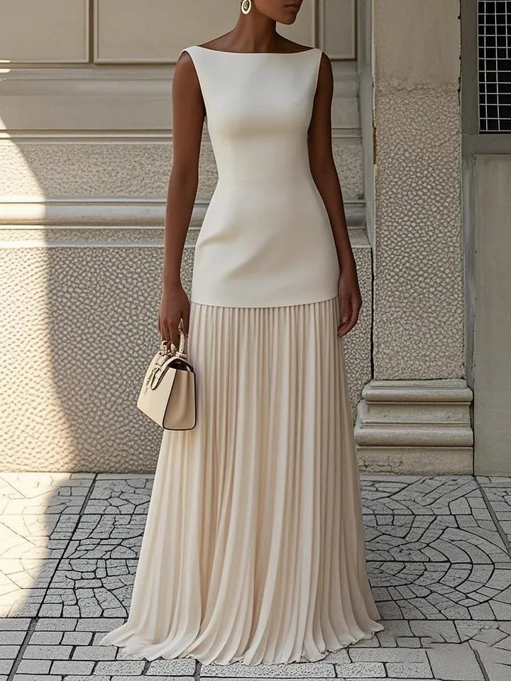 Women’s Elegant Pleated Maxi Wedding Guest Dress with Sleeveless Design
