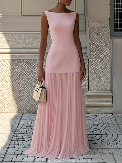 Women’s Elegant Pleated Maxi Wedding Guest Dress with Sleeveless Design
