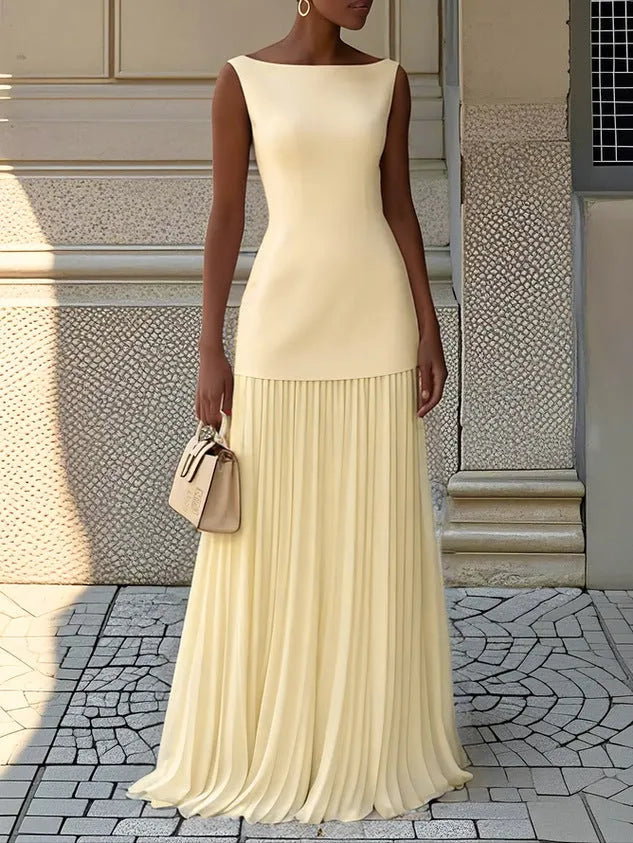 Women’s Elegant Pleated Maxi Wedding Guest Dress with Sleeveless Design