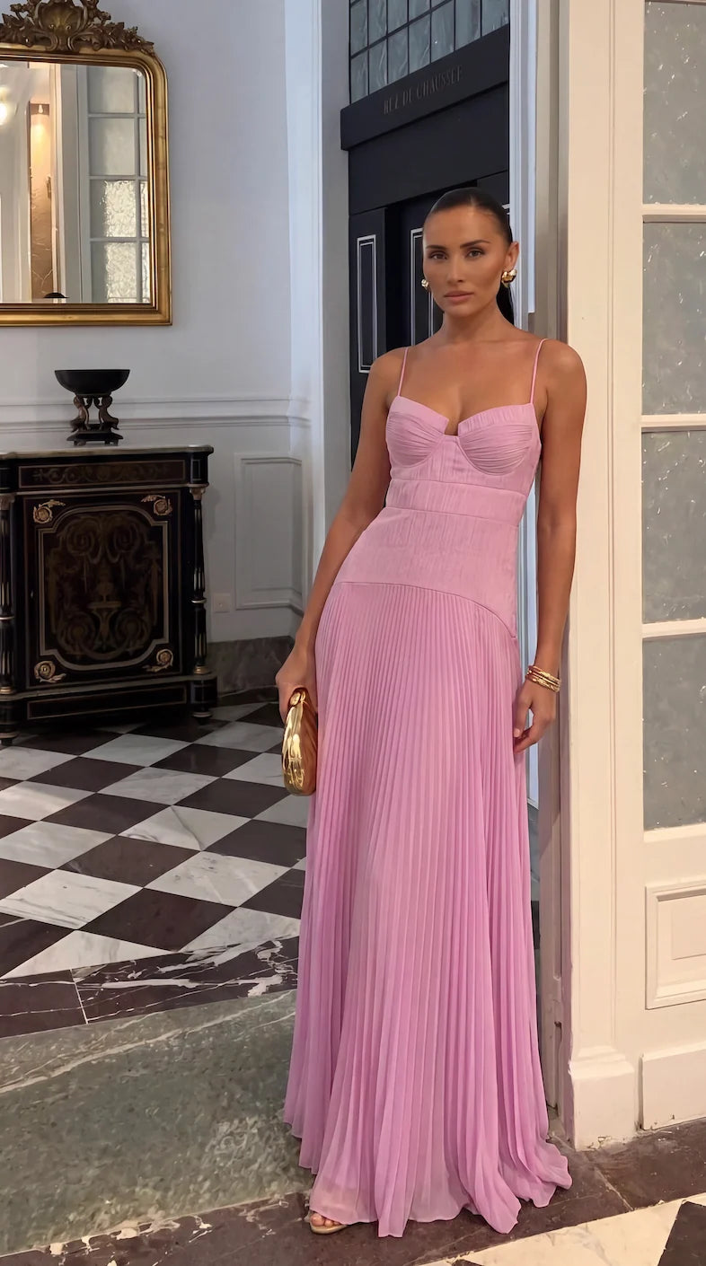 Women’s Elegant Pleated Maxi Wedding Guest Dress with Spaghetti Straps