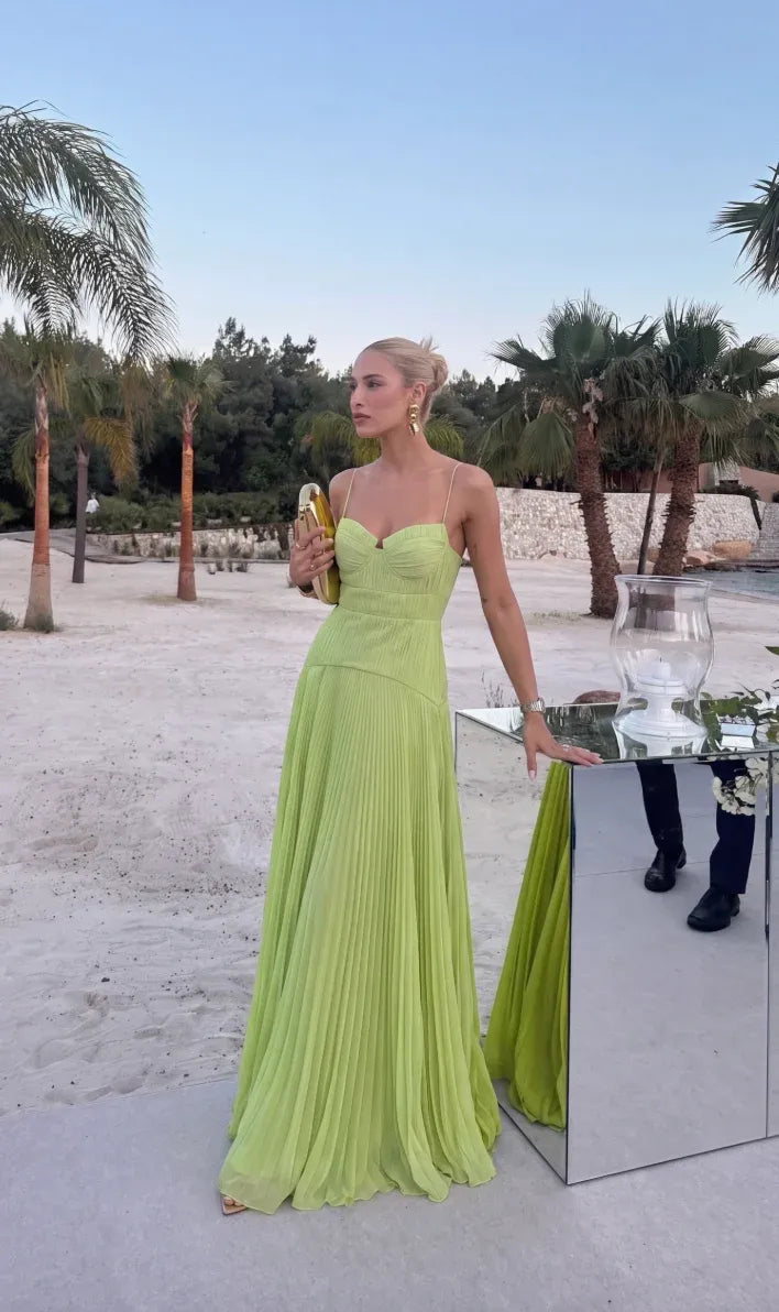 Women’s Elegant Pleated Maxi Wedding Guest Dress with Spaghetti Straps