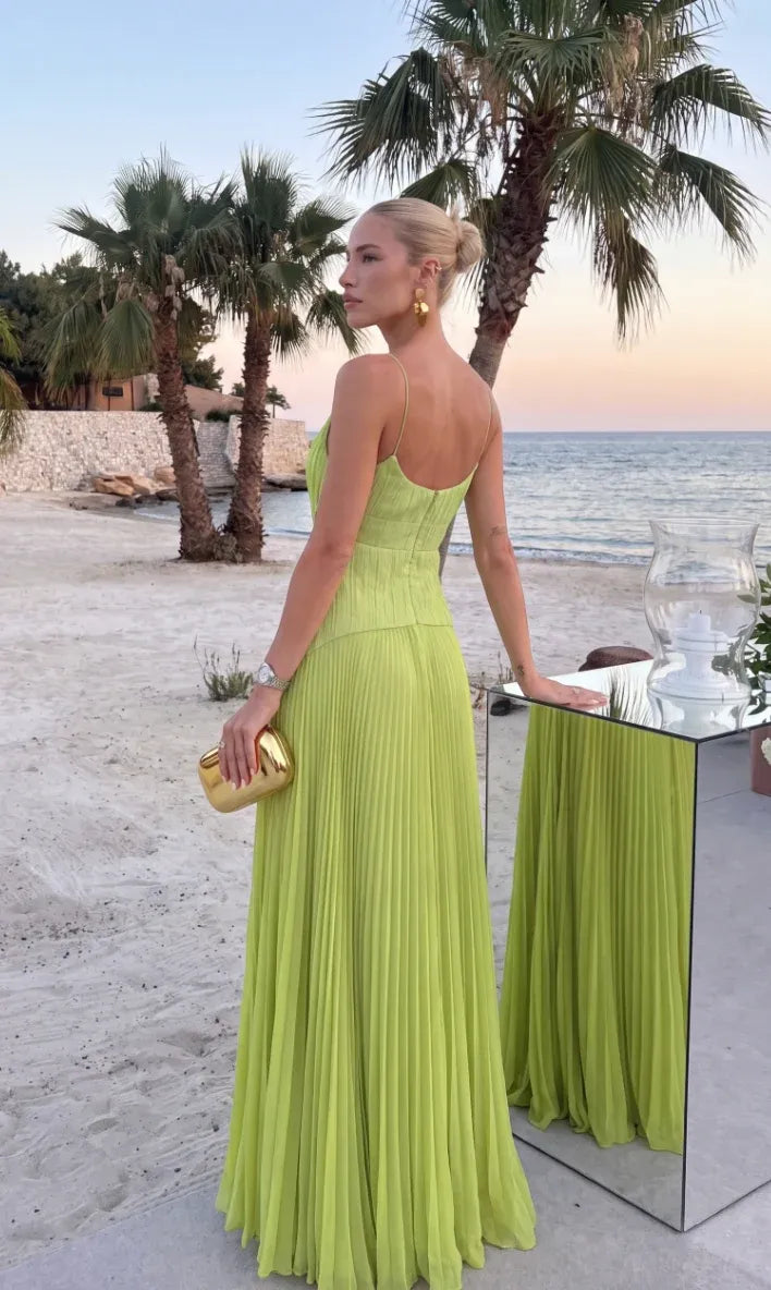 Women’s Elegant Pleated Maxi Wedding Guest Dress with Spaghetti Straps