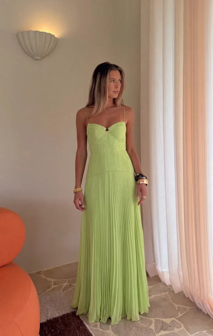 Women’s Elegant Pleated Maxi Wedding Guest Dress with Spaghetti Straps