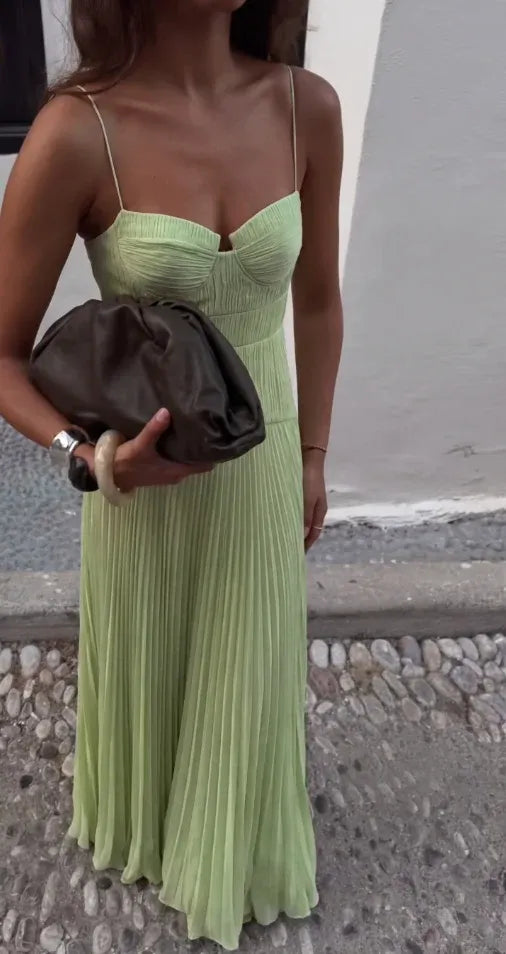 Women’s Elegant Pleated Maxi Wedding Guest Dress with Spaghetti Straps