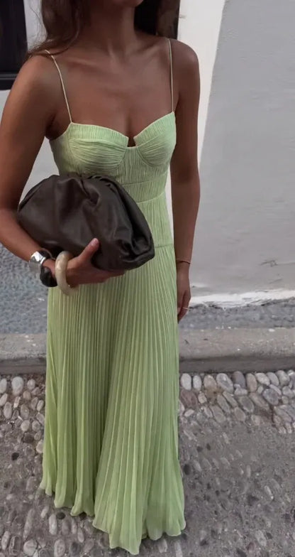 Women’s Elegant Pleated Maxi Wedding Guest Dress with Spaghetti Straps