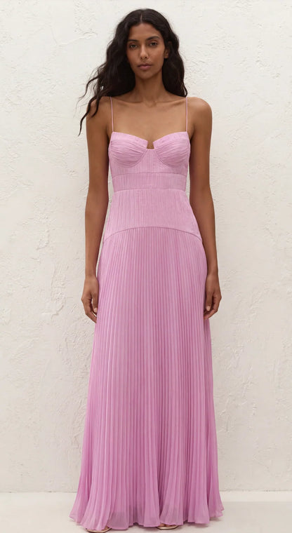Women’s Elegant Pleated Maxi Wedding Guest Dress with Spaghetti Straps