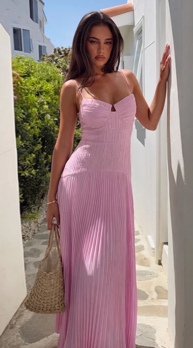 Women’s Elegant Pleated Maxi Wedding Guest Dress with Spaghetti Straps