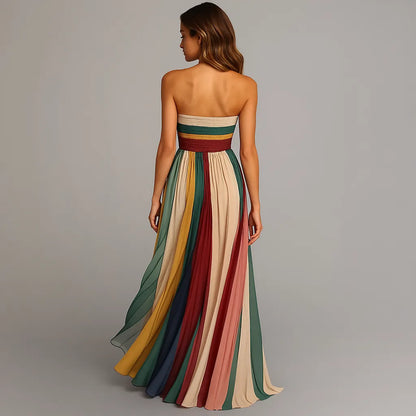 Women's Elegant Pleated Maxi Wedding Guest Dress with Strapless Neckline