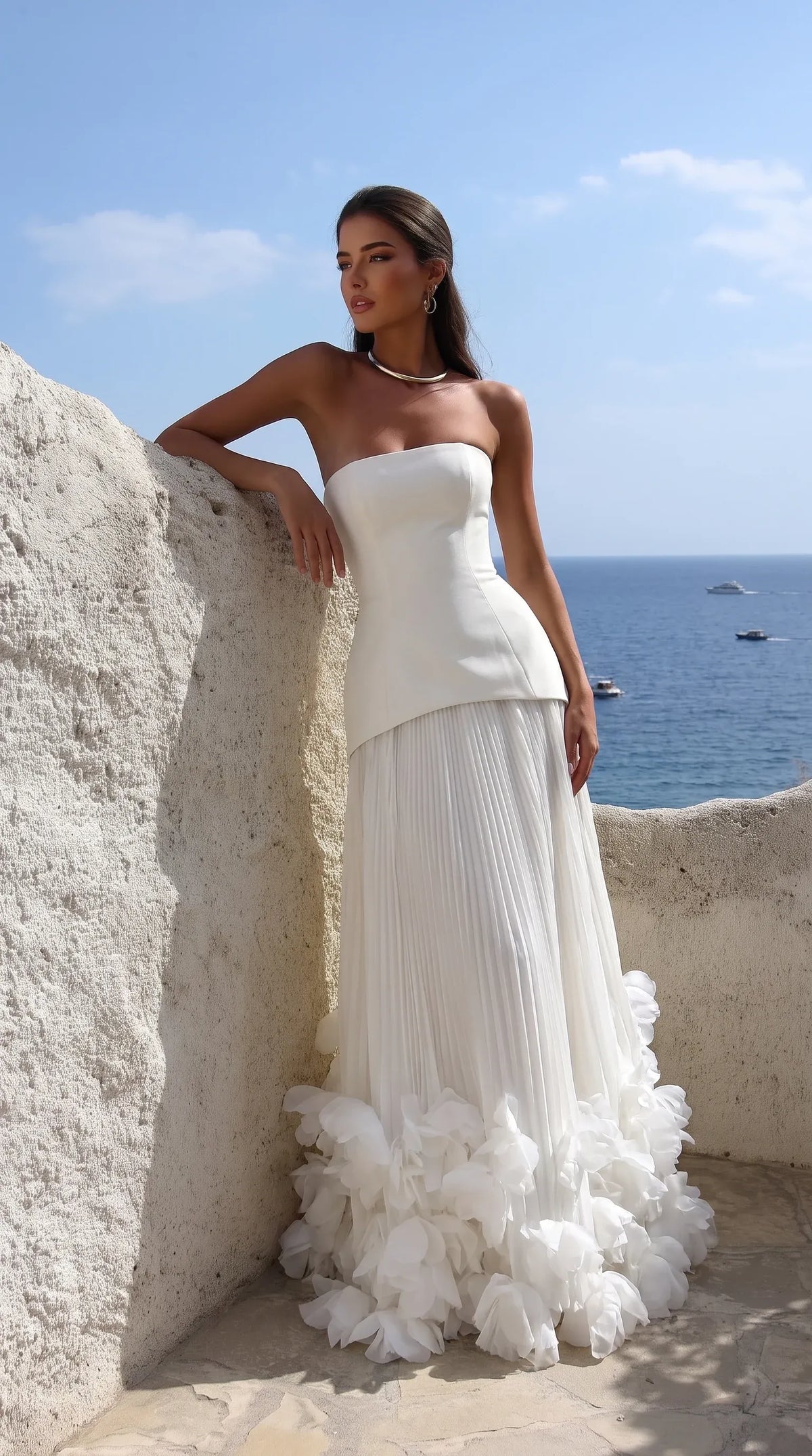 Women’s Elegant Pleated Maxi Wedding Guest Dress with Strapless Neckline