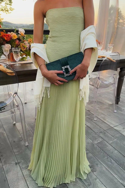 Women’s Elegant Pleated Maxi Wedding Guest Dress with Strapless Neckline