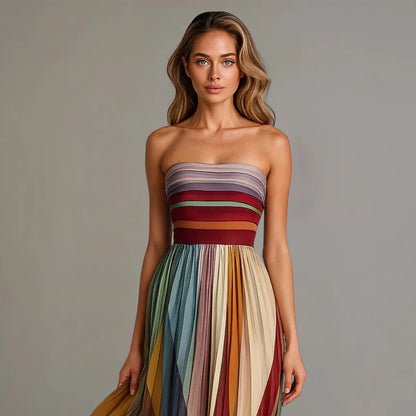 Women's Elegant Pleated Maxi Wedding Guest Dress with Strapless Neckline