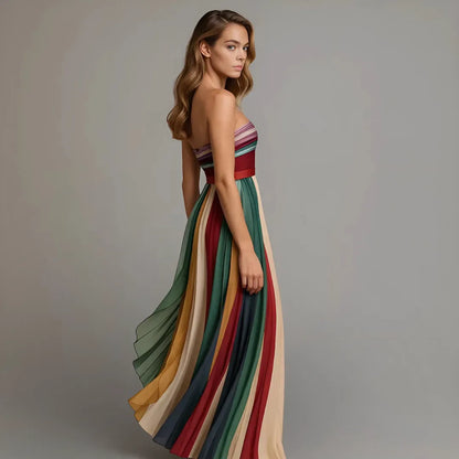 Women's Elegant Pleated Maxi Wedding Guest Dress with Strapless Neckline