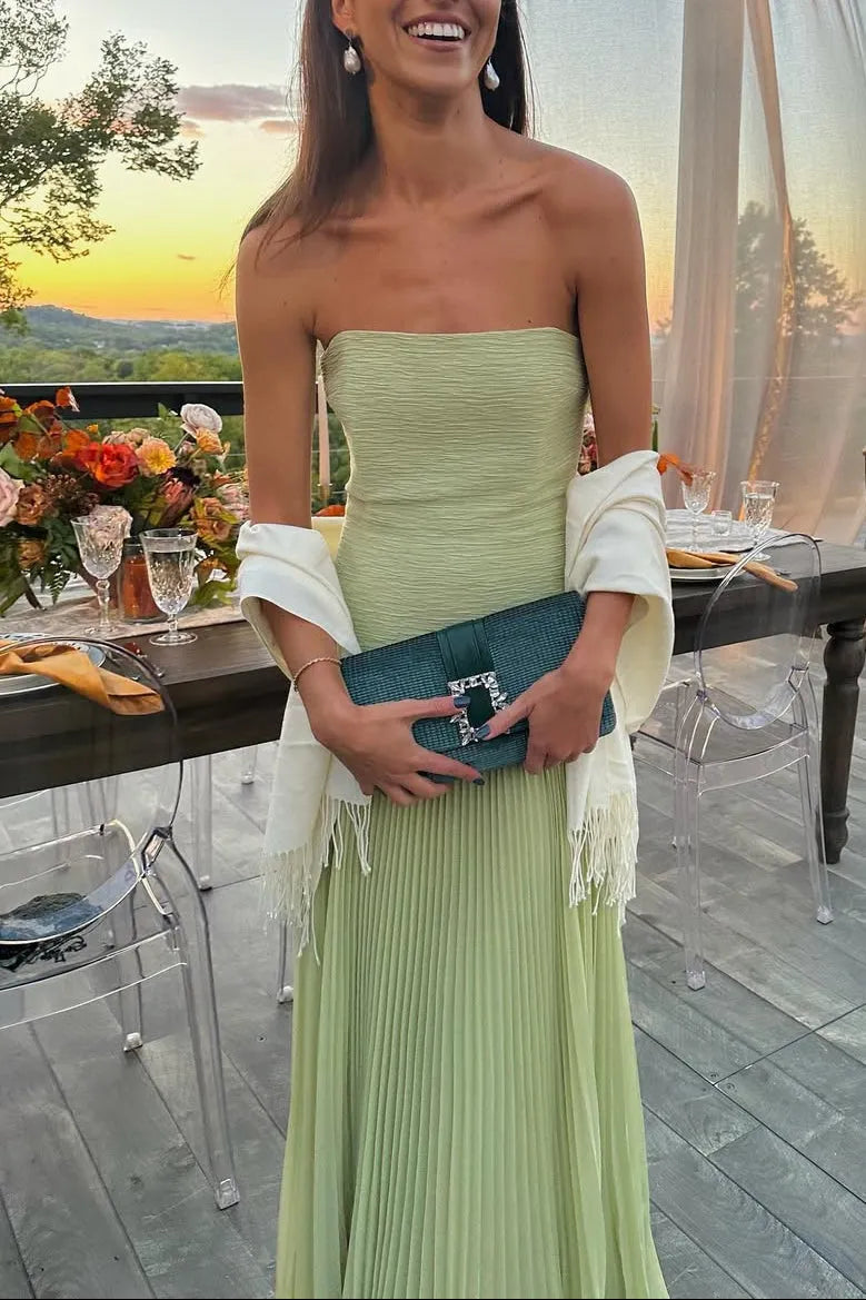 Women’s Elegant Pleated Maxi Wedding Guest Dress with Strapless Neckline