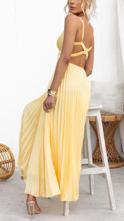 Women’s Elegant Pleated Maxi Wedding Guest Dress with V-Neck