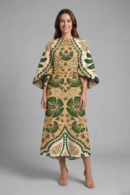 Women’s Elegant Round Neckline Midi Wedding Guest Dress with Wide Sleeves