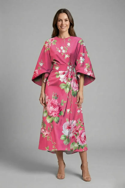 Women’s Elegant Round Neckline Midi Wedding Guest Dress with Wide Sleeves