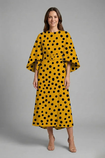 Women’s Elegant Round Neckline Midi Wedding Guest Dress with Wide Sleeves