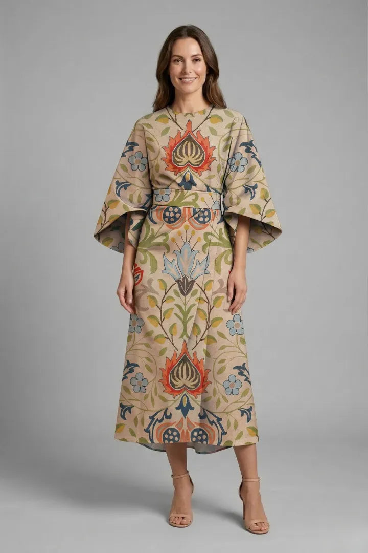 Women’s Elegant Round Neckline Midi Wedding Guest Dress with Wide Sleeves