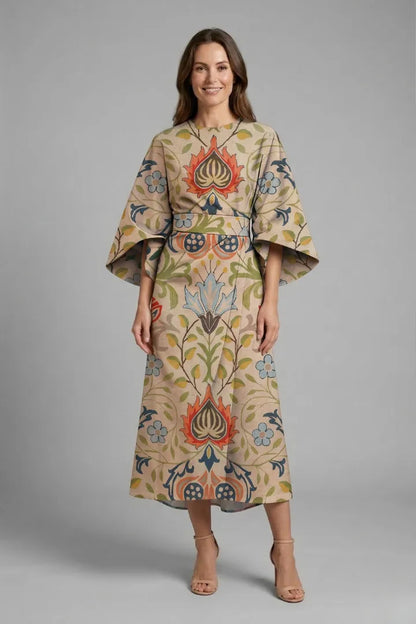Women’s Elegant Round Neckline Midi Wedding Guest Dress with Wide Sleeves