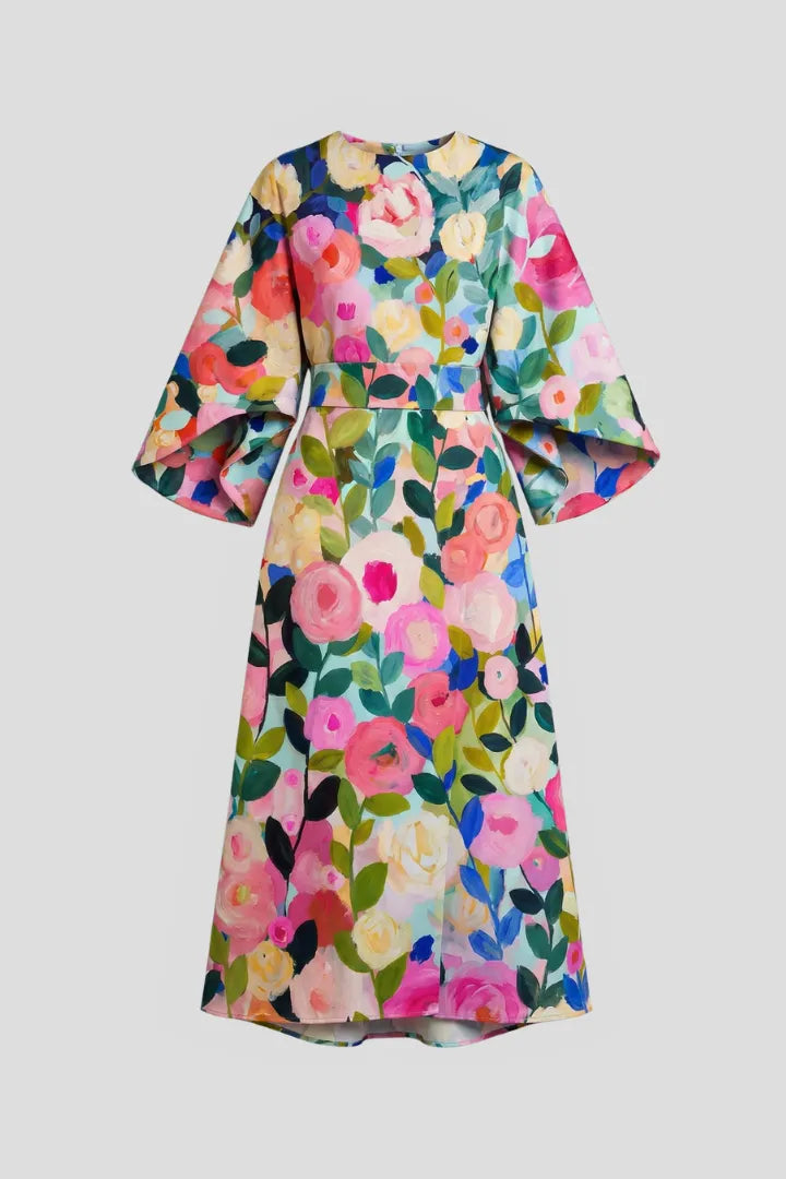 Women’s Elegant Round Neckline Midi Wedding Guest Dress with Wide Sleeves
