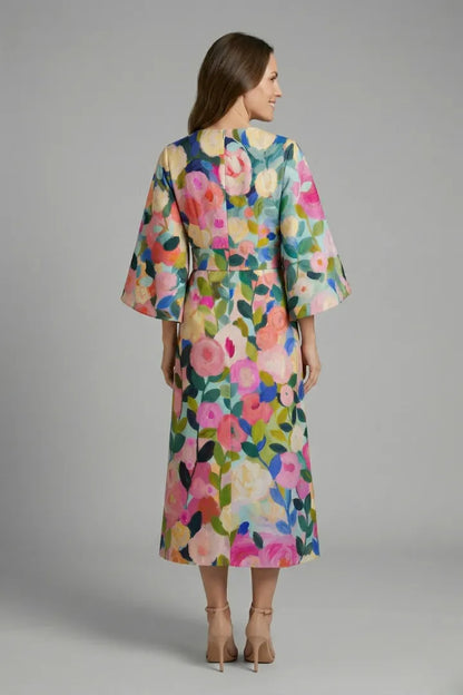 Women’s Elegant Round Neckline Midi Wedding Guest Dress with Wide Sleeves