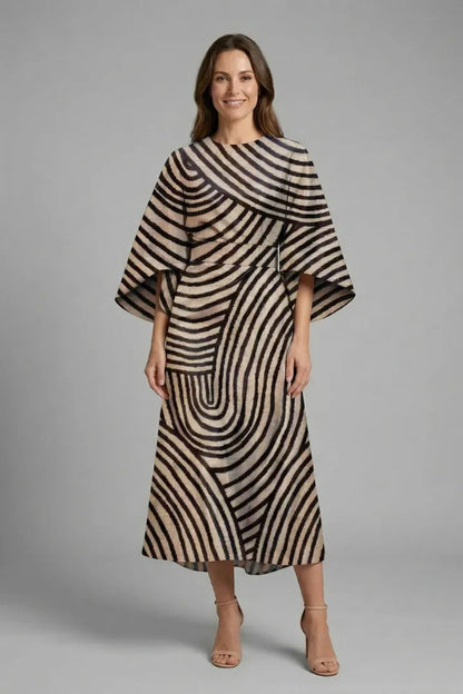 Women’s Elegant Round Neckline Midi Wedding Guest Dress with Wide Sleeves