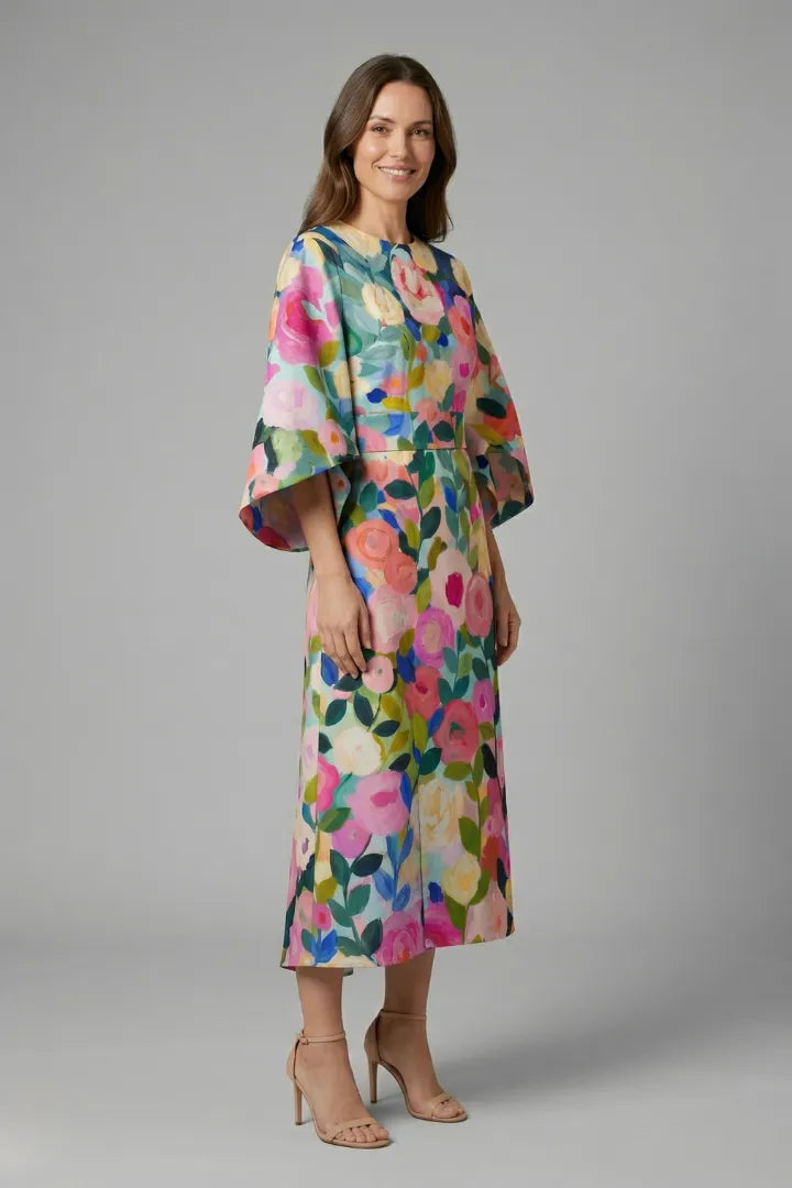 Women’s Elegant Round Neckline Midi Wedding Guest Dress with Wide Sleeves