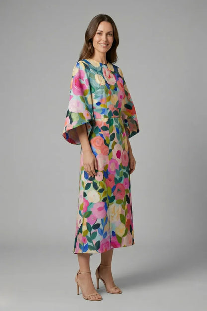 Women’s Elegant Round Neckline Midi Wedding Guest Dress with Wide Sleeves