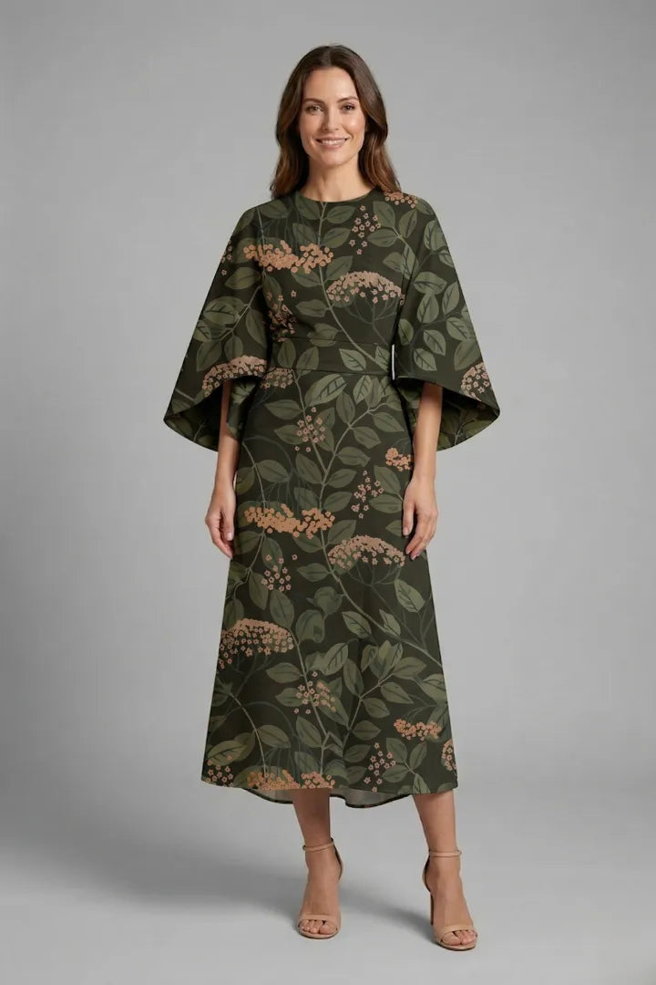 Women’s Elegant Round Neckline Midi Wedding Guest Dress with Wide Sleeves