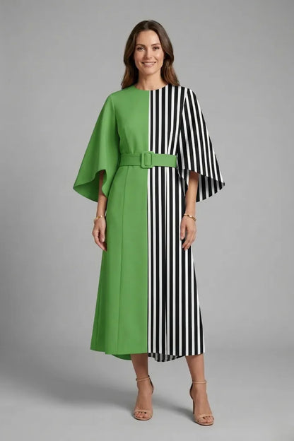 Women’s Elegant Round Neckline Midi Wedding Guest Dress with Wide Sleeves