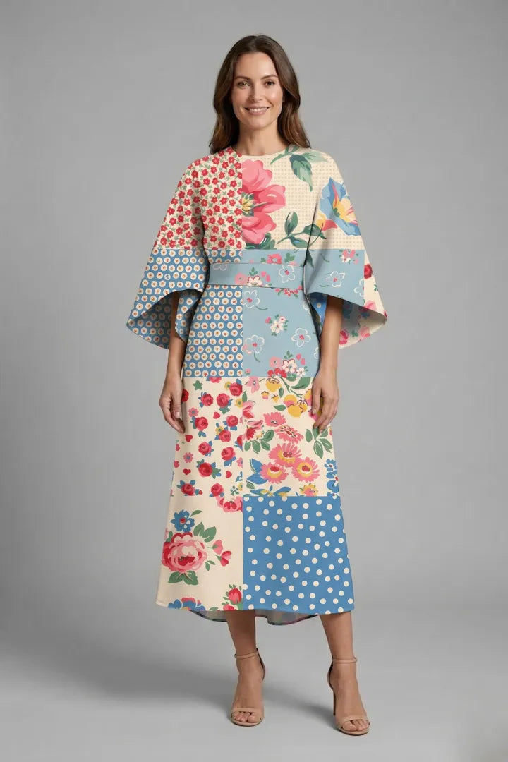 Women’s Elegant Round Neckline Midi Wedding Guest Dress with Wide Sleeves