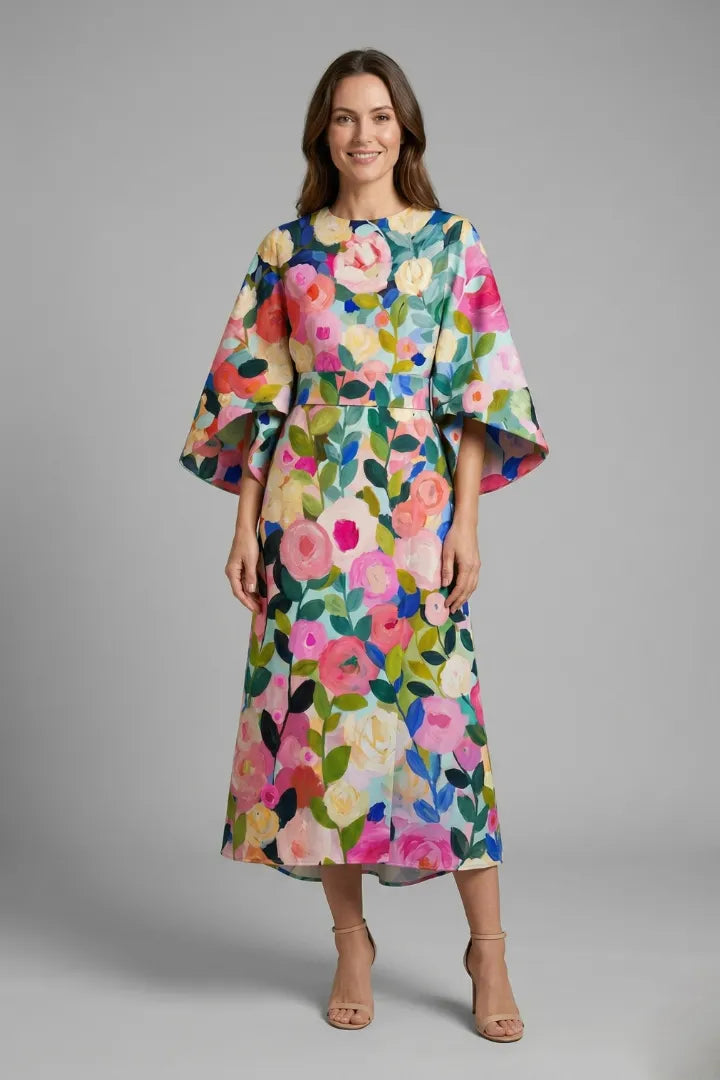 Women’s Elegant Round Neckline Midi Wedding Guest Dress with Wide Sleeves