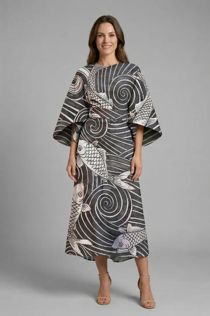 Women’s Elegant Round Neckline Midi Wedding Guest Dress with Wide Sleeves