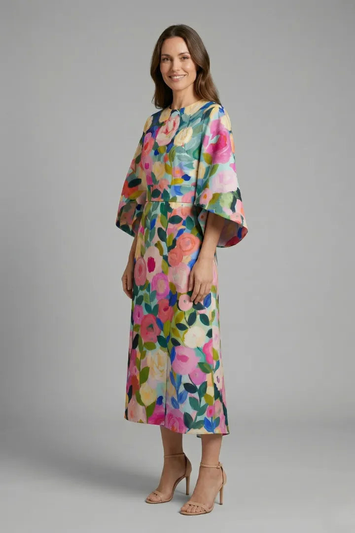Women’s Elegant Round Neckline Midi Wedding Guest Dress with Wide Sleeves