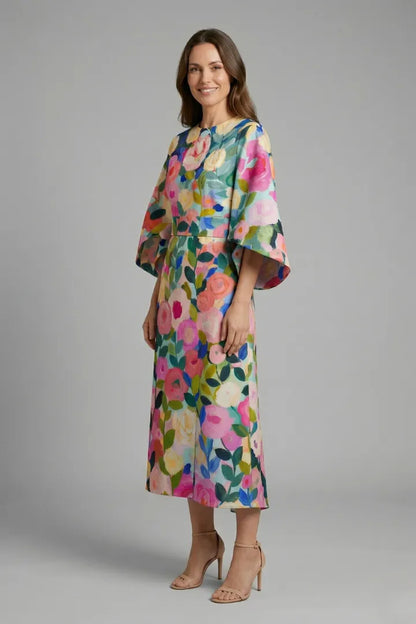 Women’s Elegant Round Neckline Midi Wedding Guest Dress with Wide Sleeves