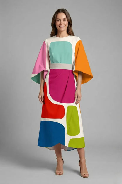 Women’s Elegant Round Neckline Midi Wedding Guest Dress with Wide Sleeves