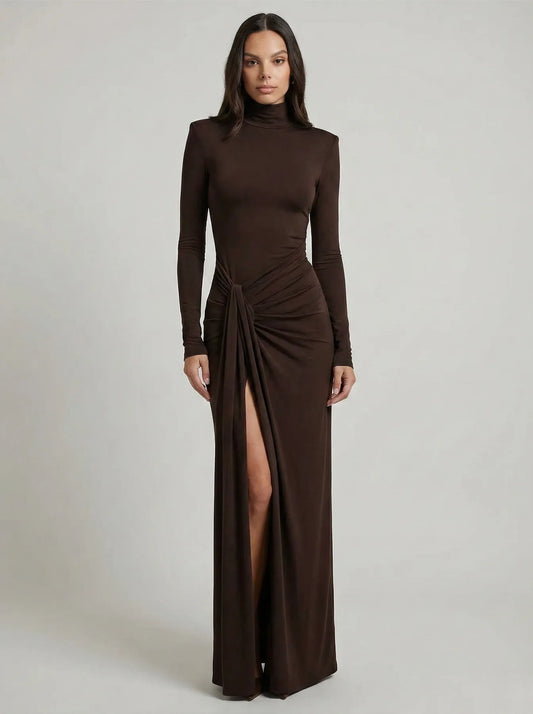 Women's Elegant Ruched Maxi Wedding Guest Dress with High Neck