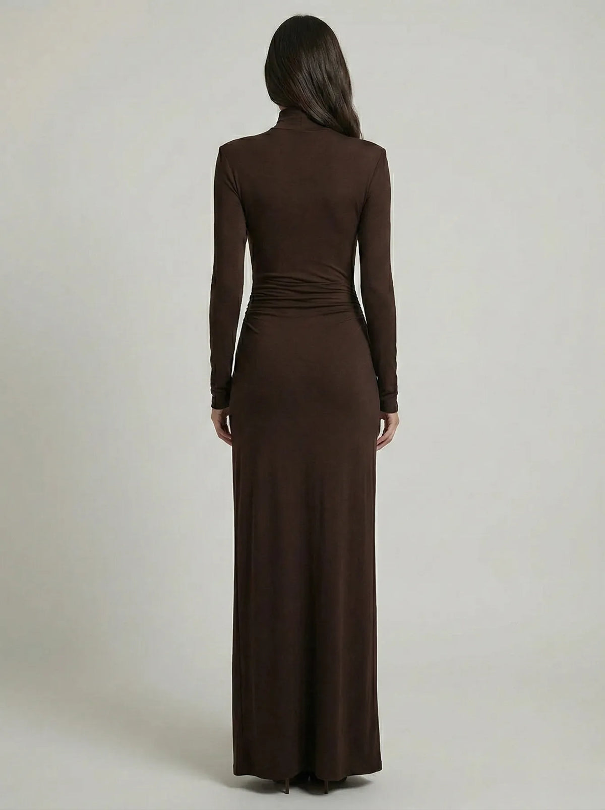Women's Elegant Ruched Maxi Wedding Guest Dress with High Neck