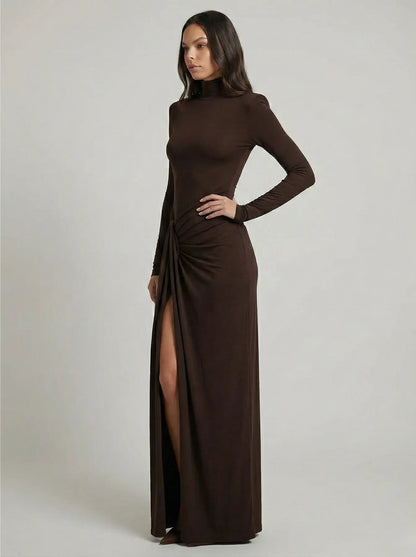 Women's Elegant Ruched Maxi Wedding Guest Dress with High Neck