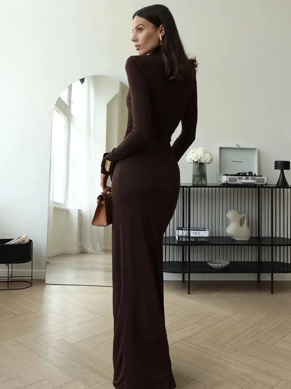 Women's Elegant Ruched Maxi Wedding Guest Dress with High Neck