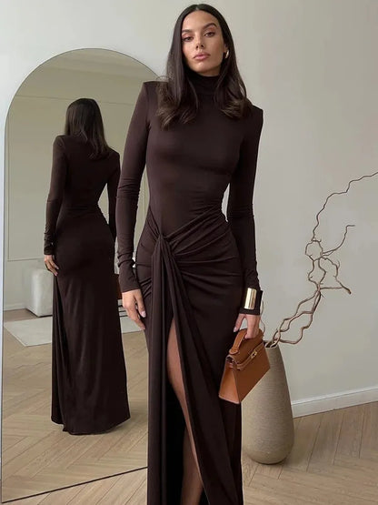 Women's Elegant Ruched Maxi Wedding Guest Dress with High Neck
