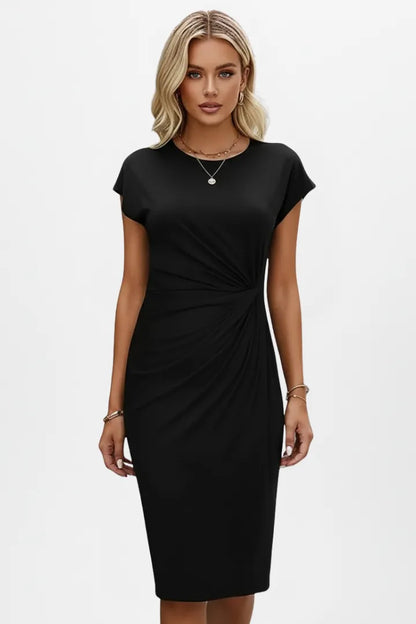 Women's Elegant Ruched Midi Wedding Guest Dress with Cap Sleeve