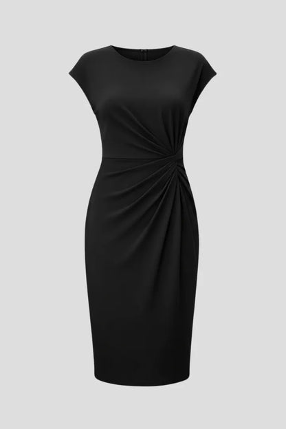 Women's Elegant Ruched Midi Wedding Guest Dress with Cap Sleeve