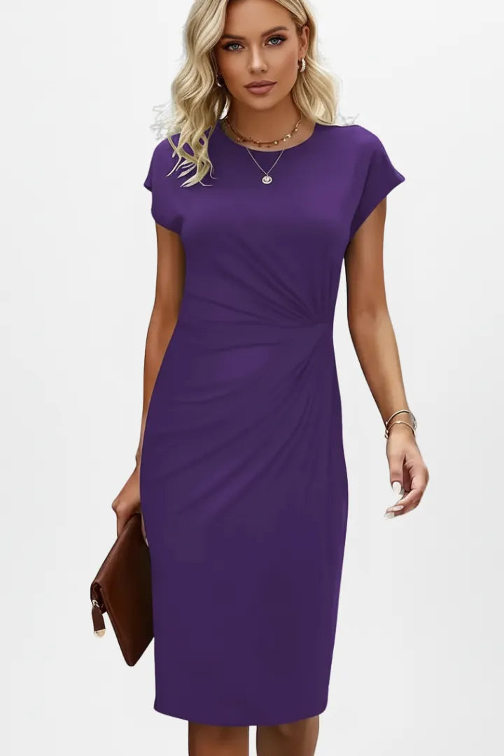 Women's Elegant Ruched Midi Wedding Guest Dress with Cap Sleeve