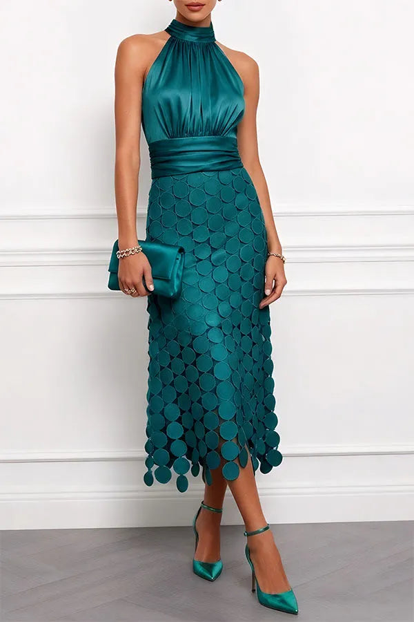 Women’s Elegant Ruched Midi Wedding Guest Dress with Halter Neck