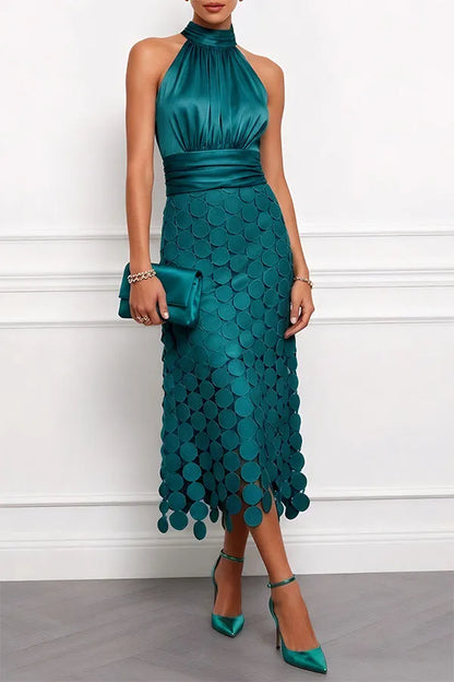 Women’s Elegant Ruched Midi Wedding Guest Dress with Halter Neck