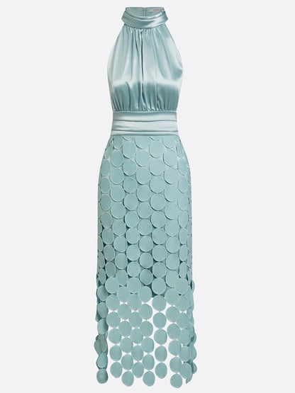 Women’s Elegant Ruched Midi Wedding Guest Dress with Halter Neck